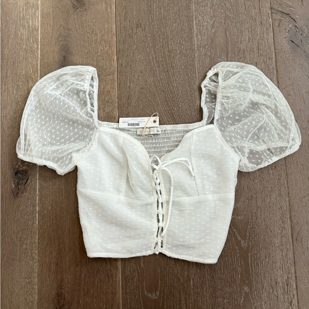 White Puff Sleeve Lace-Up Top